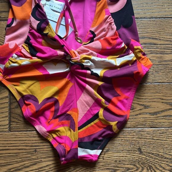 NWT WOMEN'S FAN FAIRE TWIST BACK HALTER PLUNGE ONE PIECE SWIMSUIT - Picture 13 of 14
